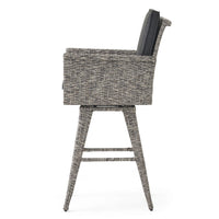 Outdoor Barstool Chair, Gray Black Wicker Rattan, Polyester Cushions -BM335476