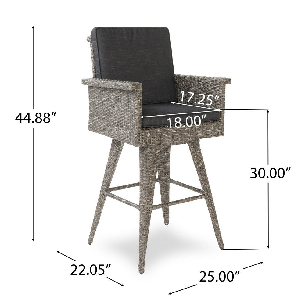 Outdoor Barstool Chair, Gray Black Wicker Rattan, Polyester Cushions -BM335476