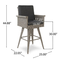 Outdoor Barstool Chair, Gray Black Wicker Rattan, Polyester Cushions -BM335476