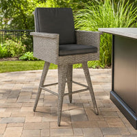 Outdoor Barstool Chair, Gray Black Wicker Rattan, Polyester Cushions -BM335476