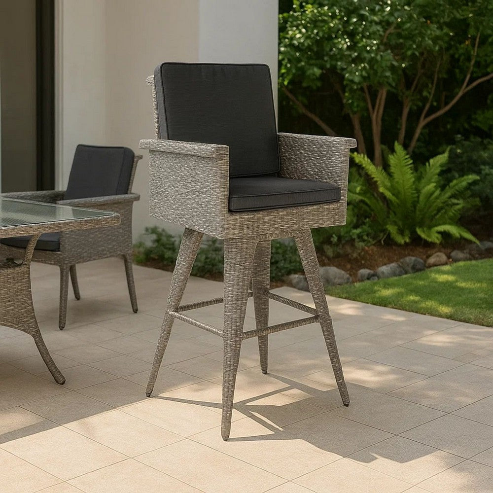 Outdoor Barstool Chair, Gray Black Wicker Rattan, Polyester Cushions -BM335476
