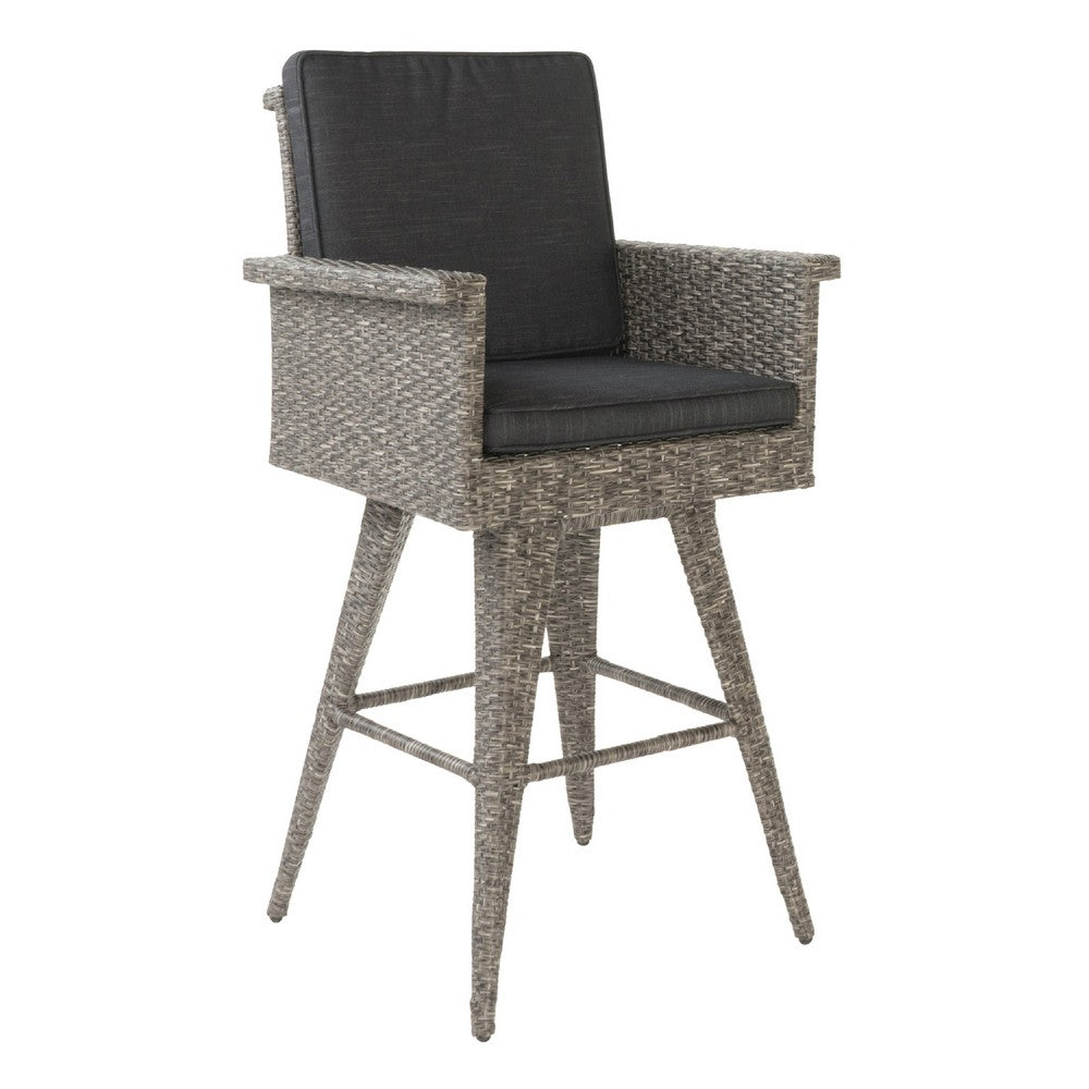Outdoor Barstool Chair, Gray Black Wicker Rattan, Polyester Cushions -BM335476