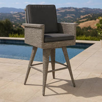 Outdoor Barstool Chair, Gray Black Wicker Rattan, Polyester Cushions -BM335476