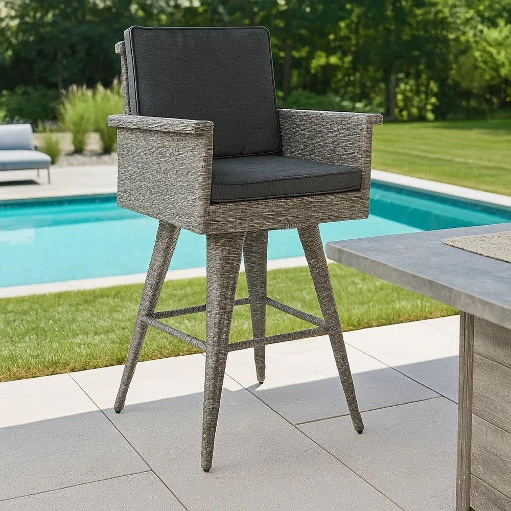 Outdoor Barstool Chair, Gray Black Wicker Rattan, Polyester Cushions -BM335476