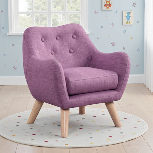 Binie Kids Chair w Wood Angled Legs, Pink Purple Button Tufted Linen -BM335488