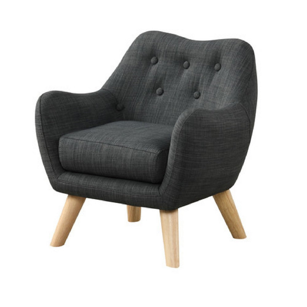 Binie Kids Chair with Wood Angled Legs, Gray Button Tufted Linen -BM335489