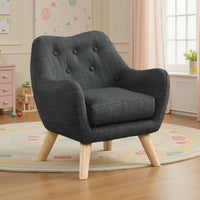 Binie Kids Chair with Wood Angled Legs, Gray Button Tufted Linen -BM335489