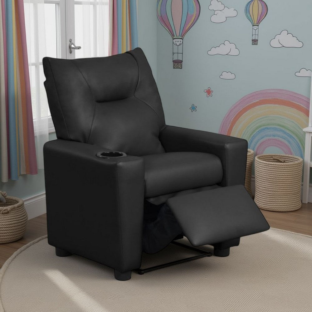 Chang Kids Recliner Chair, Built In Cupholder, Black Faux Leather -BM335490