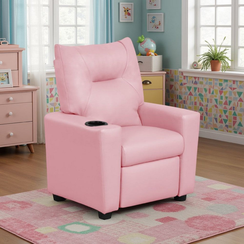 Chang Kids Recliner Chair, Built In Cupholder, Pink Faux Leather -BM335491