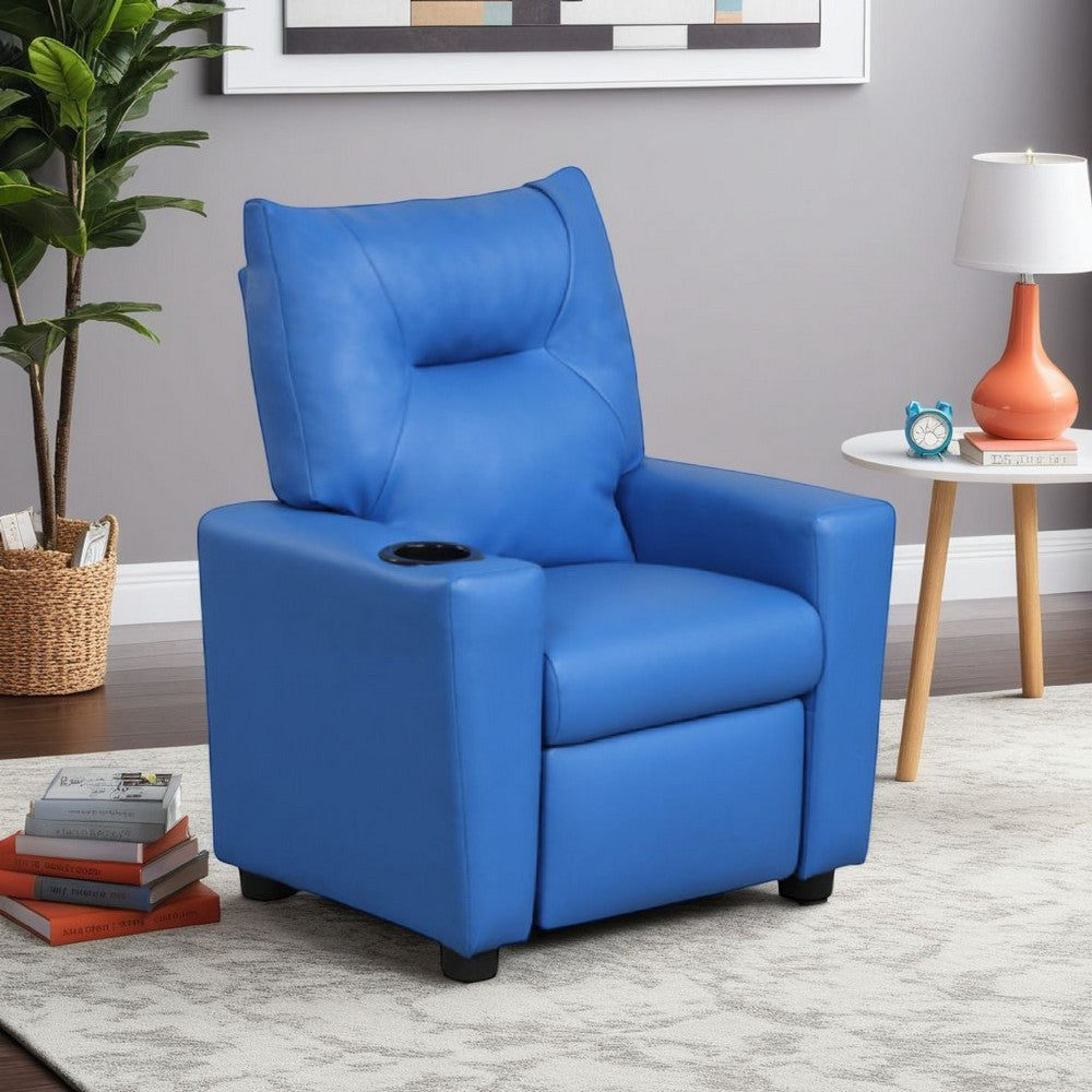 Chang Kids Recliner Chair, Built In Cupholder, Blue Faux Leather -BM335492