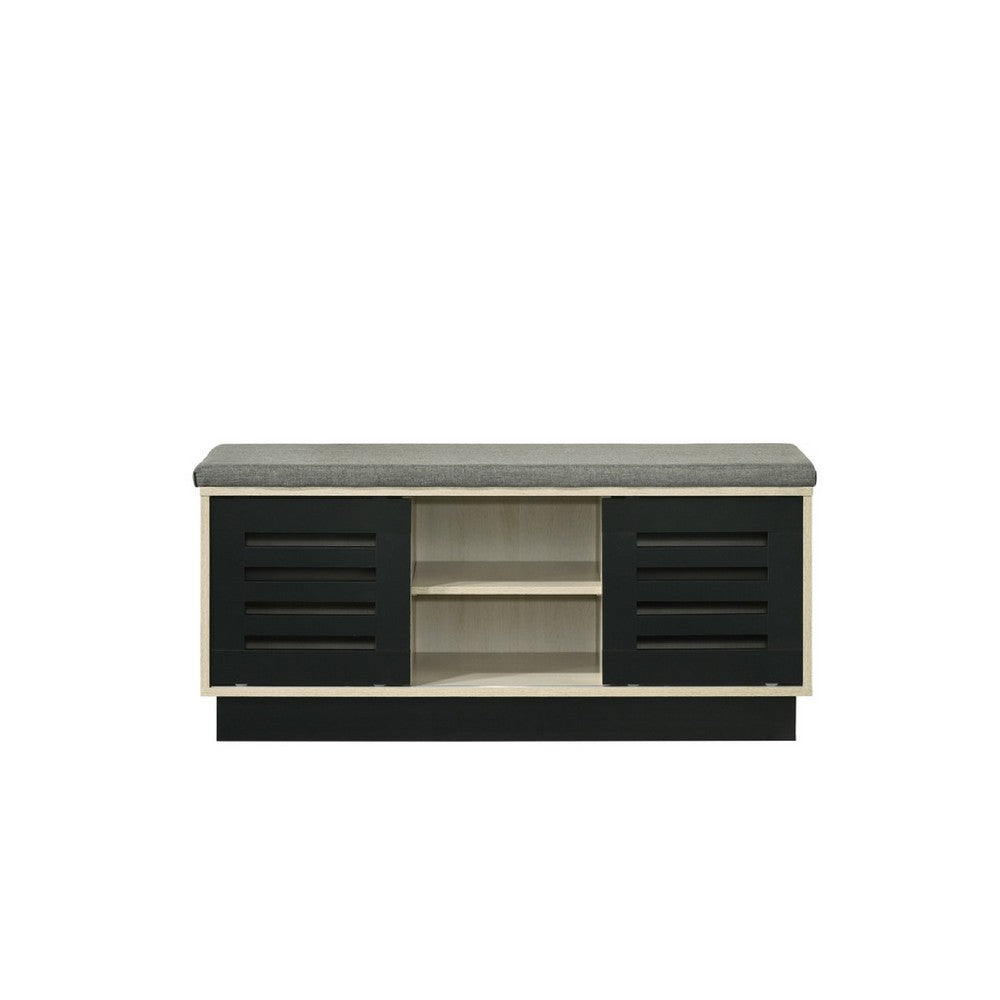 Moxie Shoe Cabinet, Black Sliding Doors, Fabric Top, Oak Wood 39 Inch -BM335493