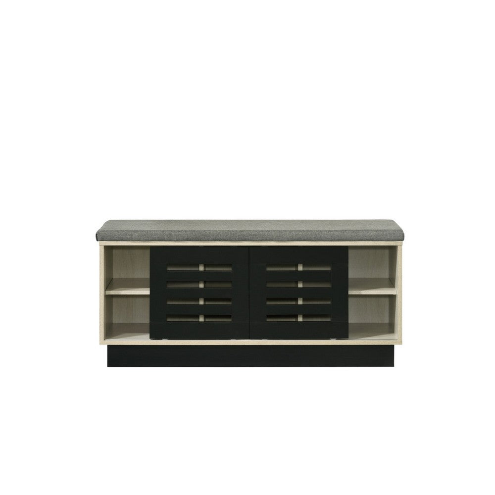 Moxie Shoe Cabinet, Black Sliding Doors, Fabric Top, Oak Wood 39 Inch -BM335493