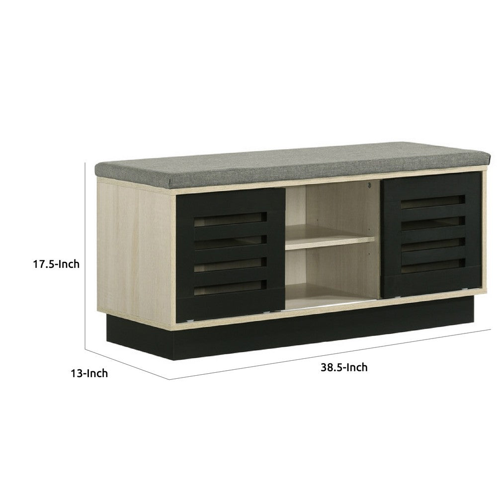 Moxie Shoe Cabinet, Black Sliding Doors, Fabric Top, Oak Wood 39 Inch -BM335493