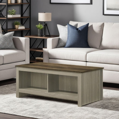 Nena Coffee Table with Open Shelves, Brown Wood Top, Oak Gray 43 Inch -BM335498