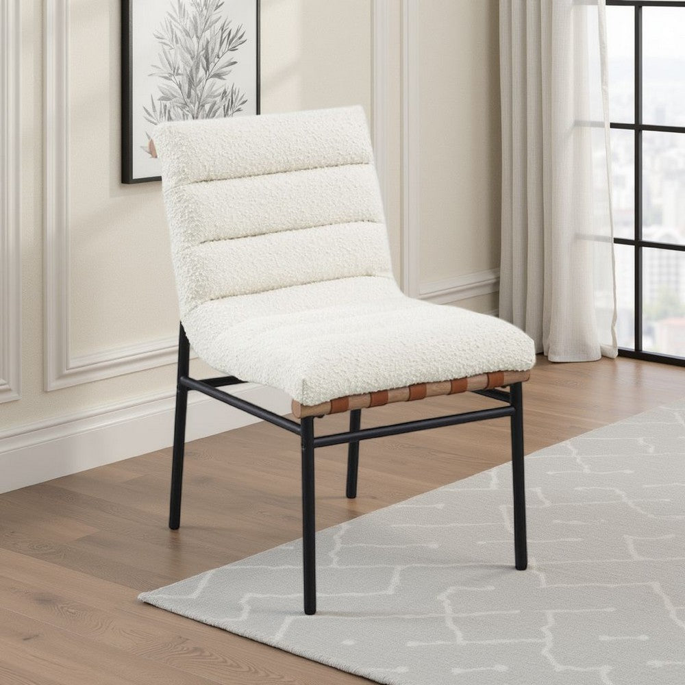 Kive Dining Chair Set of 2, Black Iron Legs, White Channel Tuft Boucle -BM335502