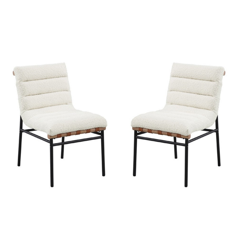 Kive Dining Chair Set of 2, Black Iron Legs, White Channel Tuft Boucle -BM335502