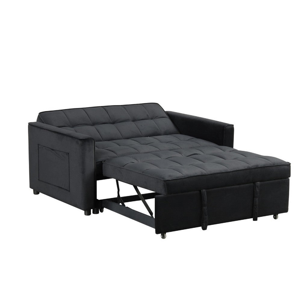 Marve Convertible Sleeper Loveseat, Side Pockets, Black Velvet 54 Inch -BM335516