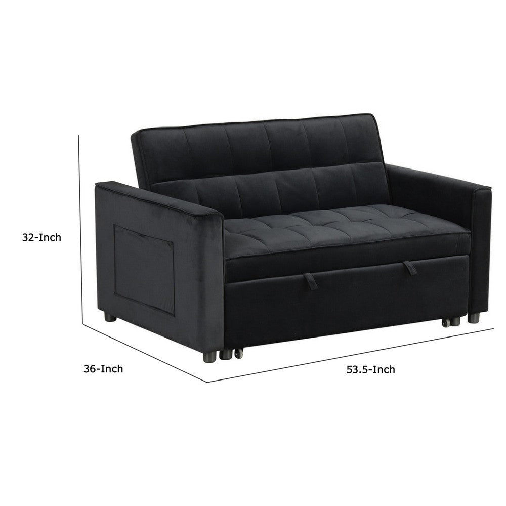 Marve Convertible Sleeper Loveseat, Side Pockets, Black Velvet 54 Inch -BM335516