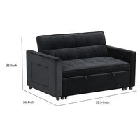 Marve Convertible Sleeper Loveseat, Side Pockets, Black Velvet 54 Inch -BM335516