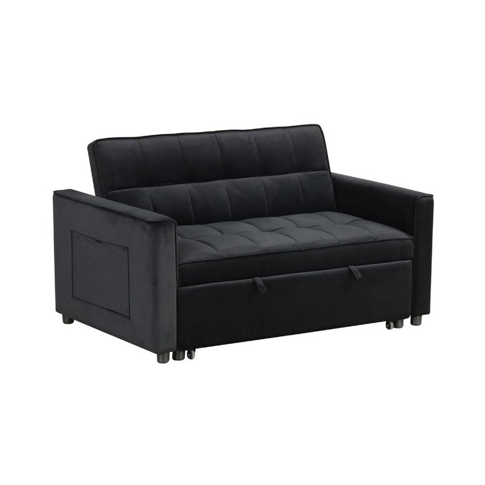 Marve Convertible Sleeper Loveseat, Side Pockets, Black Velvet 54 Inch -BM335516
