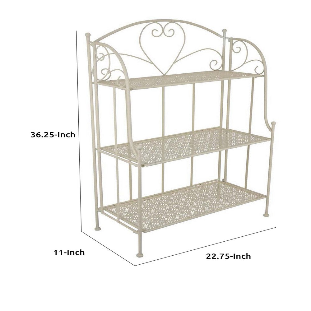 Modern Plant Stand with 3 Tier Shelves, Scrolled Floral White Metal -BM335553