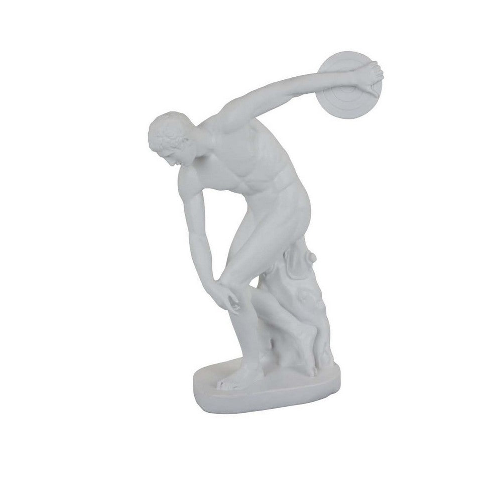 Decorative Discus Thrower Sculpture, 18 Inch Modern White Resin -BM335555