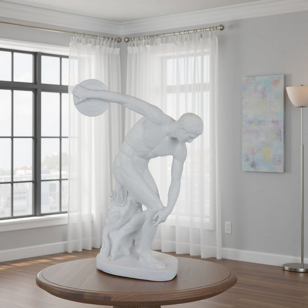 Decorative Discus Thrower Sculpture, 18 Inch Modern White Resin -BM335555