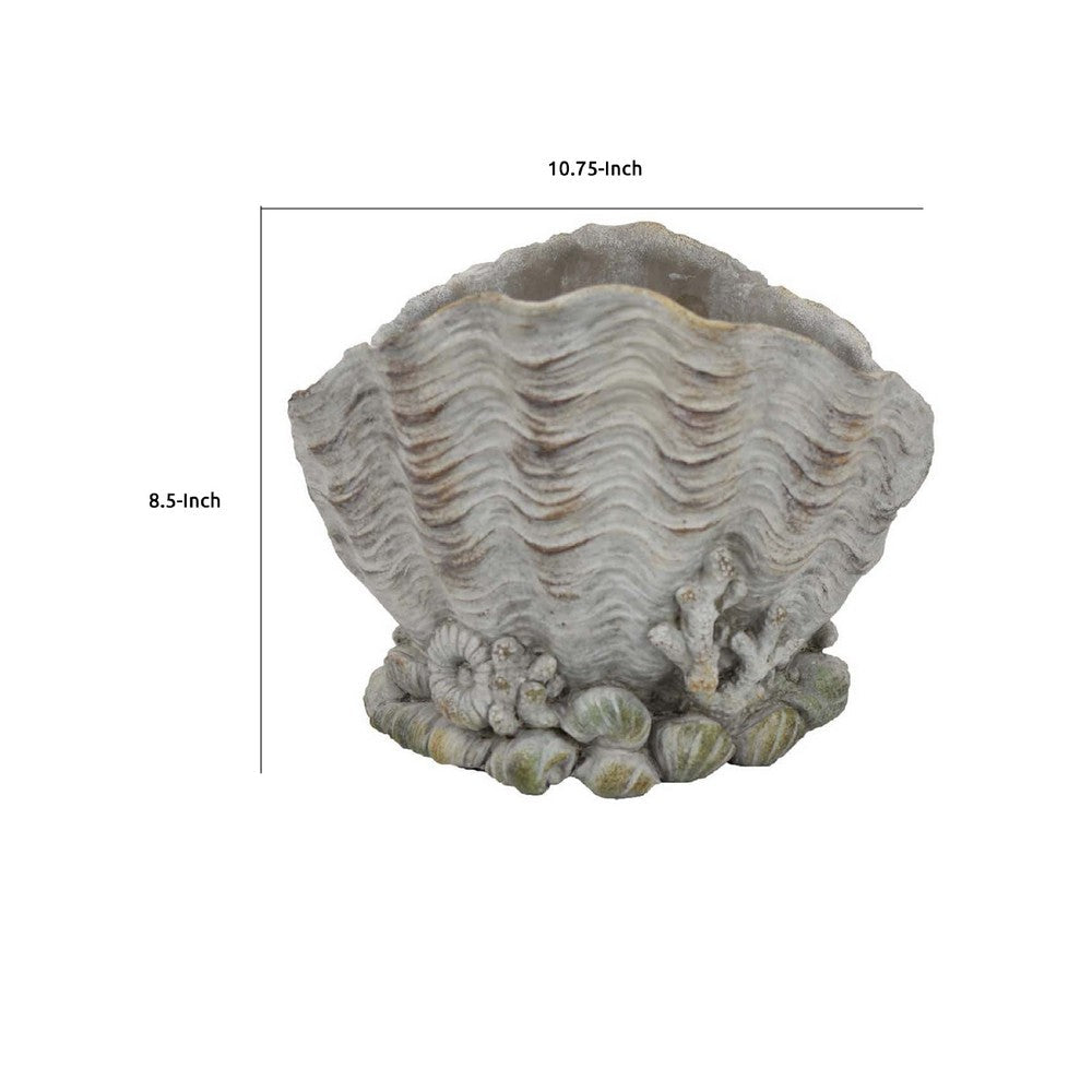 Coastal Clam Shell Planter w Coral Accents, Weathered Gray Terracotta -BM335556
