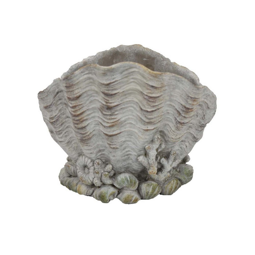 Coastal Clam Shell Planter w Coral Accents, Weathered Gray Terracotta -BM335556