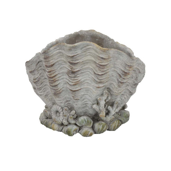 Coastal Clam Shell Planter w Coral Accents, Weathered Gray Terracotta -BM335556