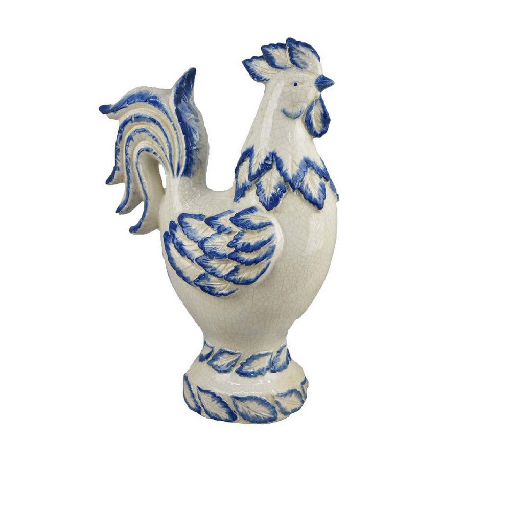 Modern Tabletop Decor Rooster Figurine, 16 Inch Blue White Ceramic -BM335558