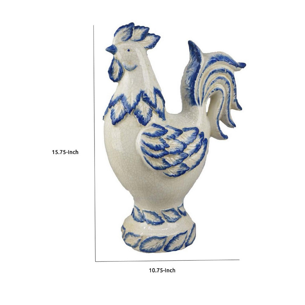 Modern Tabletop Decor Rooster Figurine, 16 Inch Blue White Ceramic -BM335558