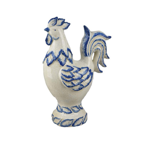 Modern Tabletop Decor Rooster Figurine, 16 Inch Blue White Ceramic -BM335558