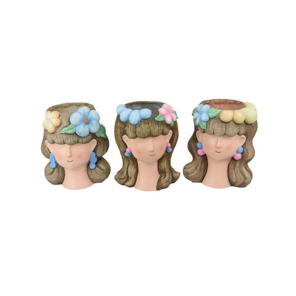 3pc Planter, Charming Floral Crown Girl Head Design, Brown Resin -BM335559