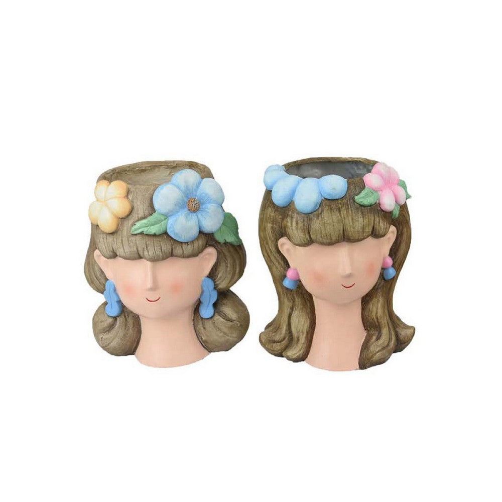 3pc Planter, Charming Floral Crown Girl Head Design, Brown Resin -BM335559