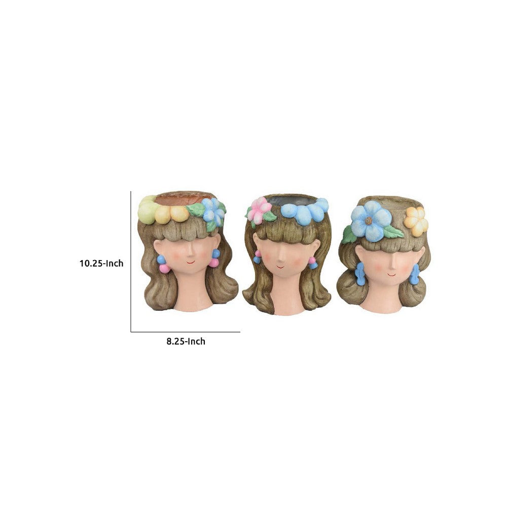 3pc Planter, Charming Floral Crown Girl Head Design, Brown Resin -BM335559