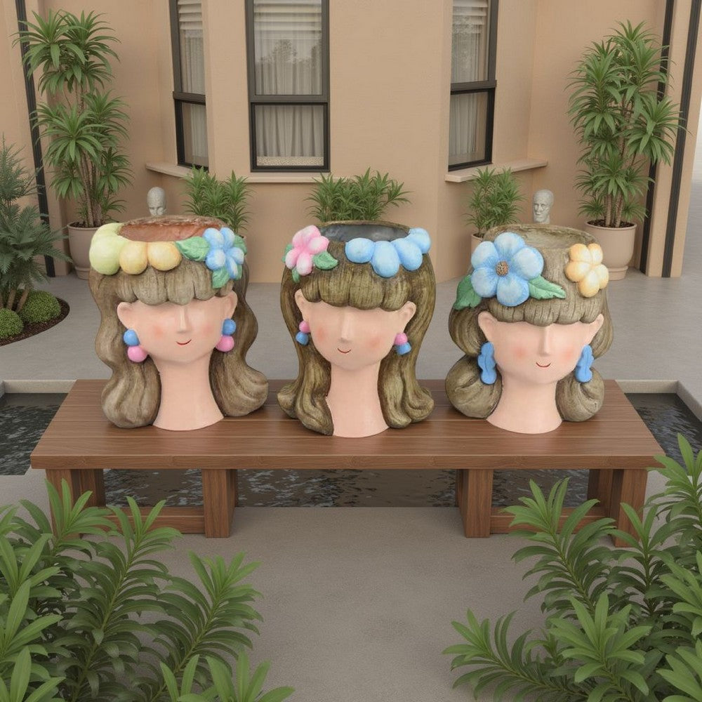 3pc Planter, Charming Floral Crown Girl Head Design, Brown Resin -BM335559
