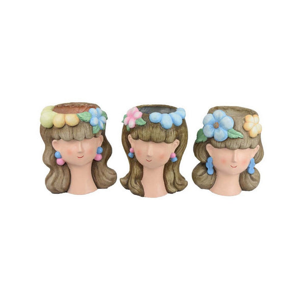 3pc Planter, Charming Floral Crown Girl Head Design, Brown Resin -BM335559