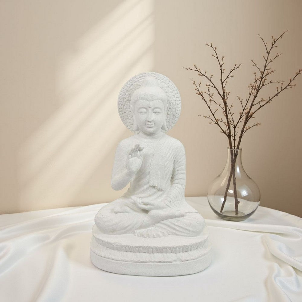 Enlightened Meditating Divine Buddha Statue, White Resin, 14 Inch -BM335561