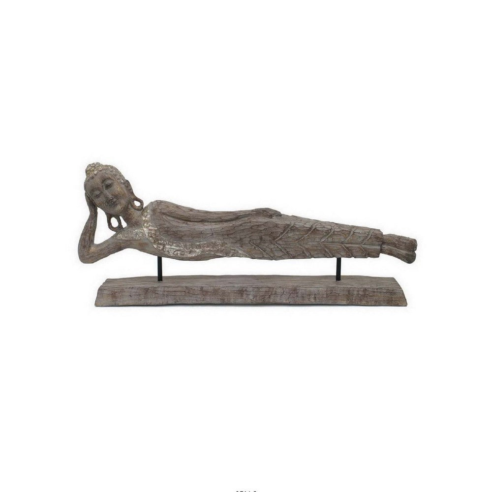 Reclining Buddha Sculpture on Stand, Rustic Gray Resin Finish, 23 Inch -BM335563