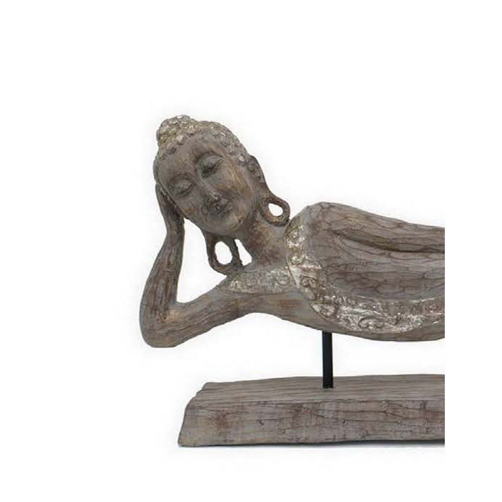 Reclining Buddha Sculpture on Stand, Rustic Gray Resin Finish, 23 Inch -BM335563