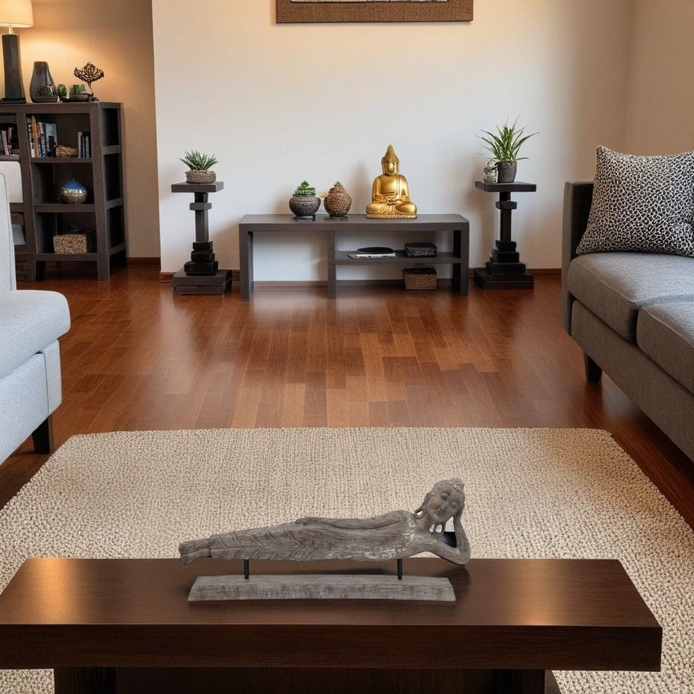 Reclining Buddha Sculpture on Stand, Rustic Gray Resin Finish, 23 Inch -BM335563