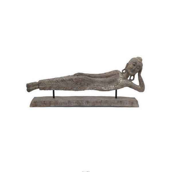 Reclining Buddha Sculpture on Stand, Rustic Gray Resin Finish, 23 Inch -BM335563