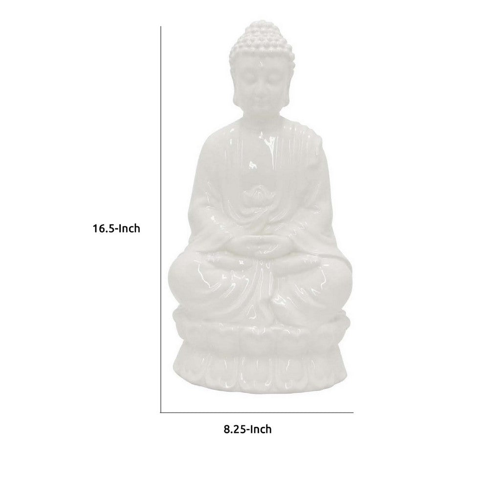 Humble Meditative Divine Buddha Statue, White Ceramic, 17 Inch -BM335564