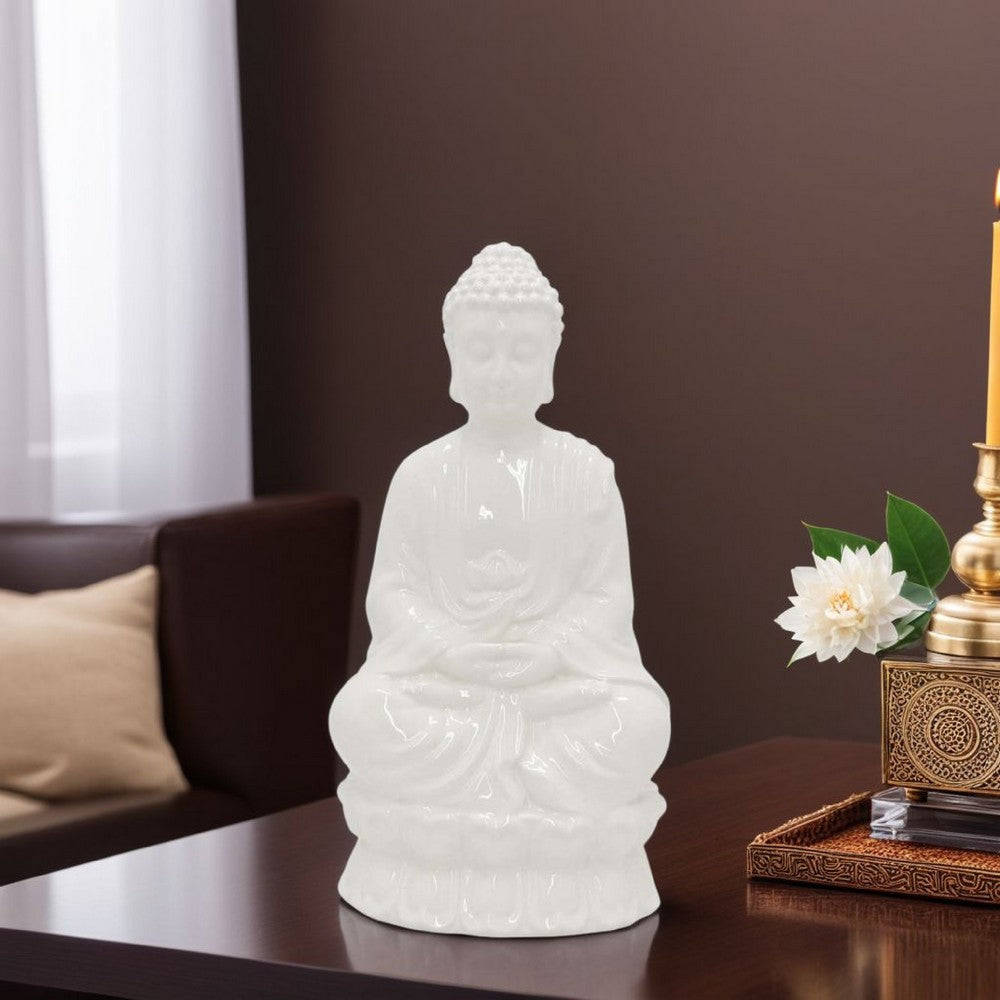 Humble Meditative Divine Buddha Statue, White Ceramic, 17 Inch -BM335564