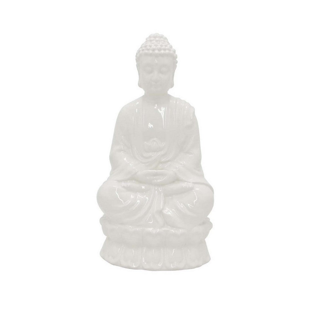 Humble Meditative Divine Buddha Statue, White Ceramic, 17 Inch -BM335564