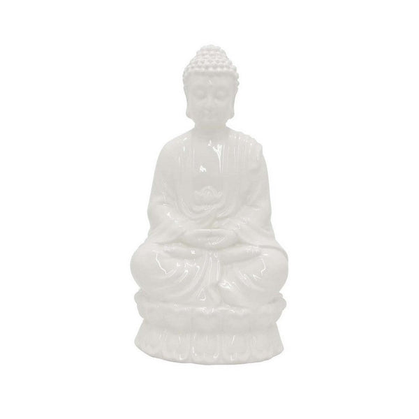 Humble Meditative Divine Buddha Statue, White Ceramic, 17 Inch -BM335564
