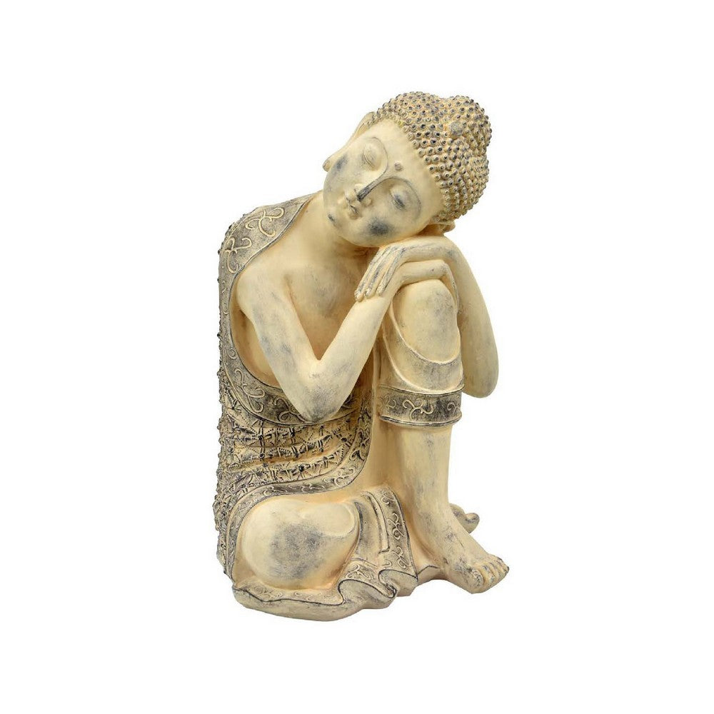 Decorative Resting Buddha Figurine, Antique Beige Resin, 14 Inch -BM335566