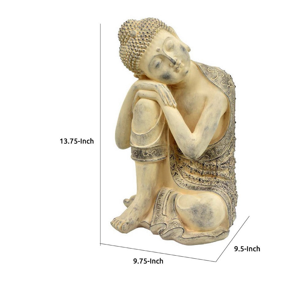 Decorative Resting Buddha Figurine, Antique Beige Resin, 14 Inch -BM335566