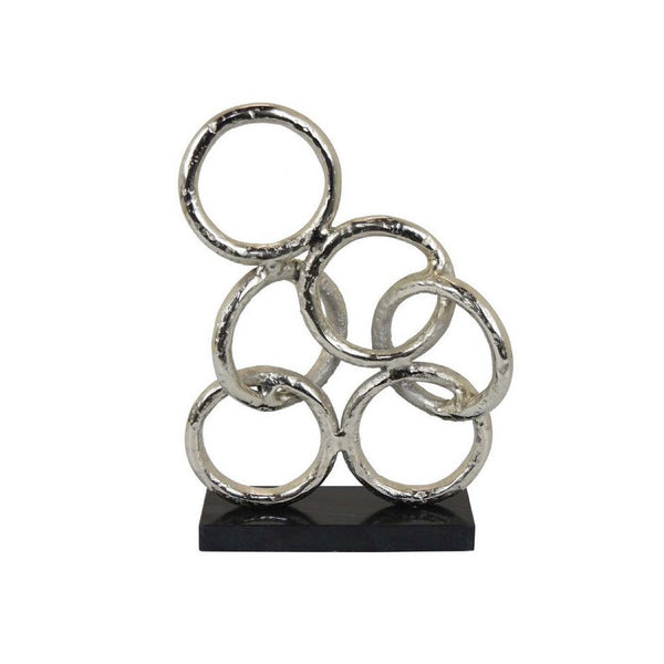 Abstract Interlinked Ring Sculpture w Black Base, 15 Inch Silver Metal -BM335577